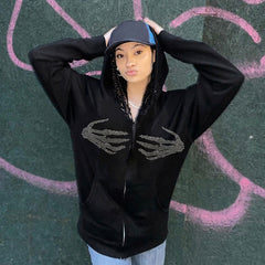 Lässiger Kapuzenpullover mit Strass-Skelett-Reißverschluss vorne und langen Ärmeln - Schwarz