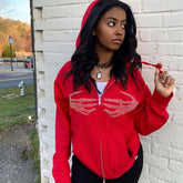 Lässiger Kapuzenpullover mit Strass-Skelett-Reißverschluss vorne und langen Ärmeln - Rot