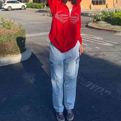 Lässiger Kapuzenpullover mit Strass-Skelett-Reißverschluss vorne und langen Ärmeln - Rot