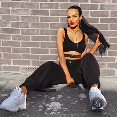 Lässiger Stil, Cargo-Tasche mit Schnalle und hoher Taille, Haremshose - Schwarz