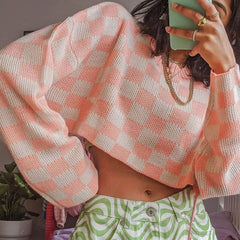 Checkered Pattern Long Sleeve Pullover Cropped Sweater - Pink