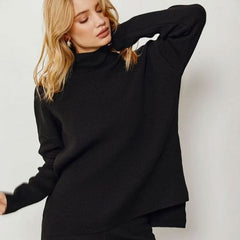 Conjunto de jersey de cuello alto y pantalones de pierna ancha a juego - Negro