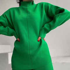 Conjunto de jersey de cuello alto y pantalones de pierna ancha a juego - Verde