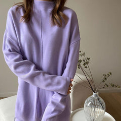High Neck Pullover Sweater Wide Leg Pants Matching Set - Purple