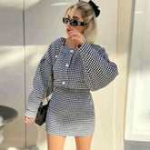 Conjunto de chaqueta acolchada corta con estampado de pata de gallo y minifalda ajustada a juego - Negro