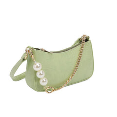 Pearl Chunky Chain Croco Embossed Baguette Bag - Sage Green