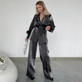 Conjunto de blusa cruzada con mangas abullonadas y pantalones de pierna ancha y cintura alta a juego - Gris