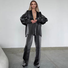 Conjunto de blusa cruzada con mangas abullonadas y pantalones de pierna ancha y cintura alta a juego - Gris