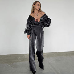 Conjunto de blusa cruzada con mangas abullonadas y pantalones de pierna ancha y cintura alta a juego - Gris