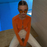 Round Neck Button Up Long Sleeve Crop Top - Burnt Orange