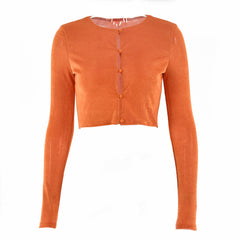 Round Neck Button Up Long Sleeve Crop Top - Burnt Orange