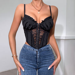 Top tipo corsé con encaje transparente, escote en forma de corazón con volantes y ganchos - Negro