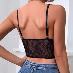 Top tipo corsé con encaje transparente, escote en forma de corazón con volantes y ganchos - Negro