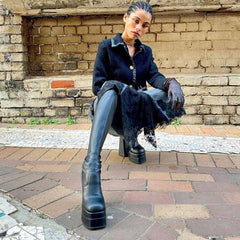 Botas de tacón alto grueso por encima de la rodilla con plataforma y punta cuadrada - Negro