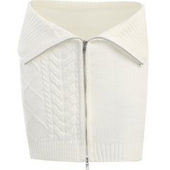 Textured Cable Knit Ribbed Trim Foldover Zip Front Mini Skirt - White