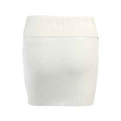 Textured Cable Knit Ribbed Trim Foldover Zip Front Mini Skirt - White
