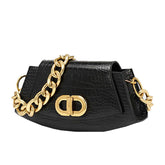 Gold Tone Chunky Chain Croco Embossed Shoulder Bag - Black