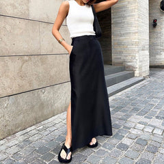 Style High Waist Side Pocket Split Maxi Skirt - Black