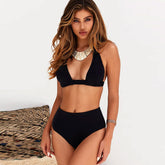 Conjunto de bikini de triángulo deslizante con cintura alta y color sólido de estilo - Negro