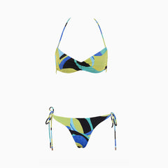 Conjunto de bikini tipo bralette con cuello halter y lazo en bloques de colores coquetos - Verde azulado