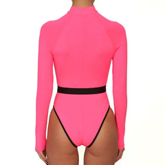Traje de baño de una pieza con protección contra erupciones y mangas largas, color rosa neón