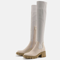 Botas altas hasta la rodilla de punto con suela gruesa y ribete de panel - Albaricoque