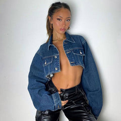 Coole, langärmlige, geknöpfte Jeansjacke mit Klappe und Kragen - Blau