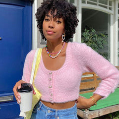 Süße, kurze Strickjacke mit Rundhalsausschnitt und Ärmeln - Rosa