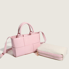 Süße einfarbige Intrecciato Vegan Leder Top Griff Einkaufstasche - Rosa