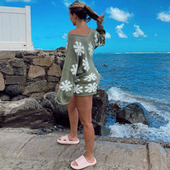 Conjunto de jersey y pantalones cortos de punto con estampado floral bonito a juego - Verde