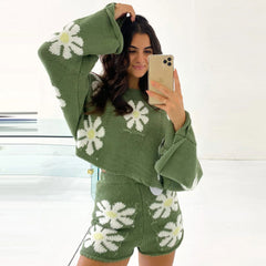 Conjunto de jersey y pantalones cortos de punto con estampado floral bonito a juego - Verde