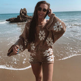 Conjunto de jersey y pantalones cortos de punto con estampado floral bonito a juego - Caqui