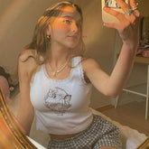 Süßes, geripptes Crop-Tanktop mit Spitzensaum und Rundhalsausschnitt - Weiß