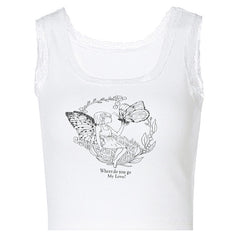 Süßes, geripptes Crop-Tanktop mit Spitzensaum und Rundhalsausschnitt - Weiß