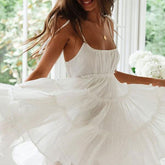 Vestido corto estilo babydoll con escote redondo y volantes para verano, color blanco