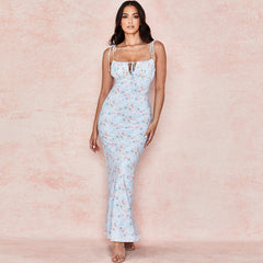 Printed Floss Strap Tied Bustier Slip Maxi Dress - Blue