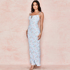 Printed Floss Strap Tied Bustier Slip Maxi Dress - Blue