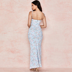 Printed Floss Strap Tied Bustier Slip Maxi Dress - Blue