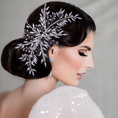 Pinza para el pelo adornada con cristales y hojas deslumbrantes - Plateada