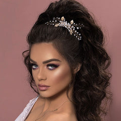 Peineta para el cabello con adorno de cristal y perlas de imitación en forma de rama con hojas en relieve - Dorado