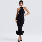 Encantador vestido de cóctel ajustado midi sin mangas con dobladillo con volantes - Negro