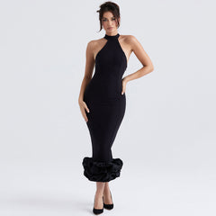 Encantador vestido de cóctel ajustado midi sin mangas con dobladillo con volantes - Negro