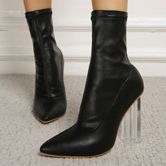 Fabulosas botas de tobillo con tacón alto transparente y punta puntiaguda - Negro