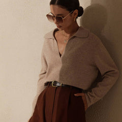 Suéter fabuloso de cuello en V y manga larga en color liso - Albaricoque