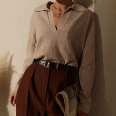 Suéter fabuloso de cuello en V y manga larga en color liso - Albaricoque