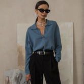 Suéter fabuloso de cuello en V y manga larga en color liso - Azul