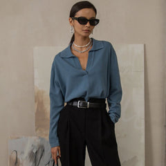 Suéter fabuloso de cuello en V y manga larga en color liso - Azul