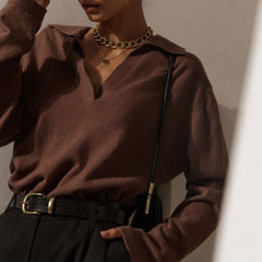 Suéter fabuloso de cuello en V y manga larga en color liso - Café