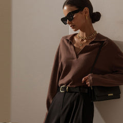 Suéter fabuloso de cuello en V y manga larga en color liso - Café