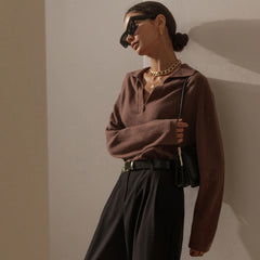 Suéter fabuloso de cuello en V y manga larga en color liso - Café